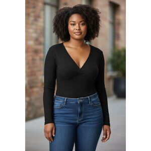 STEVE MADDEN Women's Seamed V-Neck Black Bodysuit XL